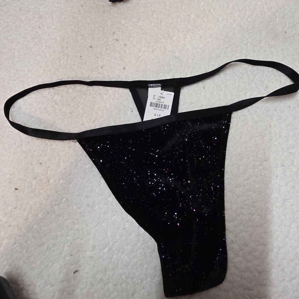 PINK Women’s S Black Semi-Transparent Mesh Thong Panties Glitter Stretch Solid